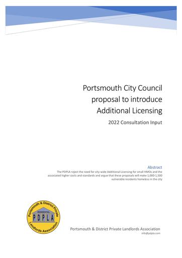 PDPLA Response to Portsmouth City Council proposal to introduce Additional Licensing